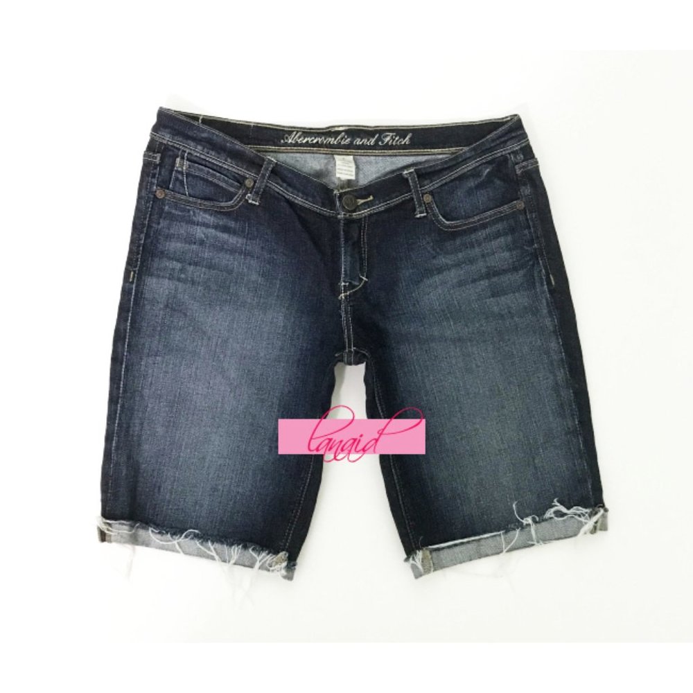 A&F Distressed Denim Jean Stretch Bermuda Stretchy Long Denim Cuffed Shorts 4
